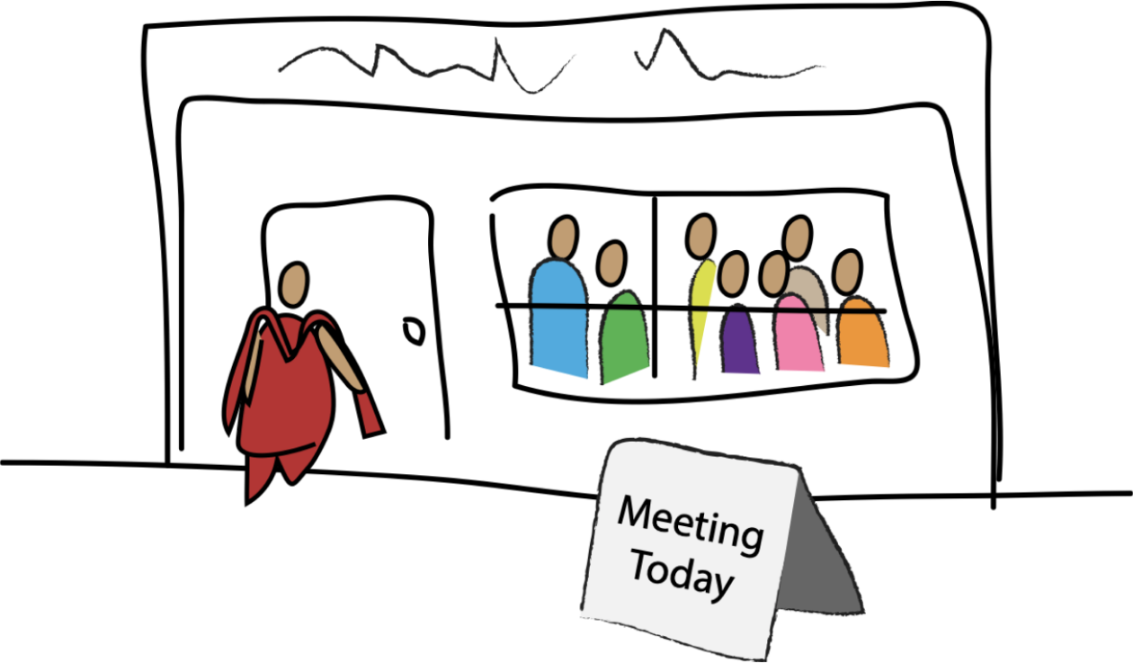 An illustration showing a number of people gathered inside of a building, who can be seen through a window. A woman in a sari stands outside the door as though she is about to enter the space. A sign outside the building says "Meeting Today"