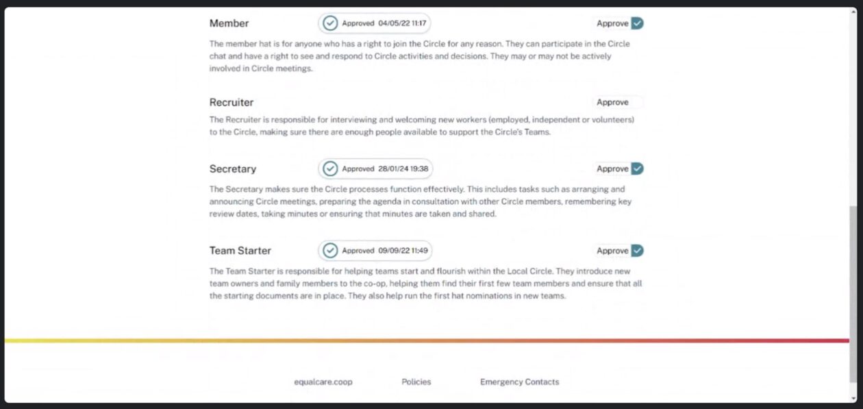 A screenshot of the Equal Care website showing descriptions of different hats, including Member, Recruited, Secretary and Team Starter, along with the approval status and date/time of approval.